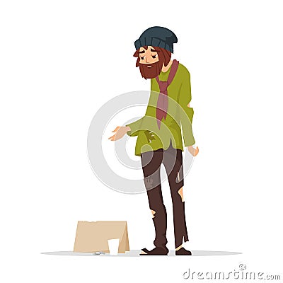 Poor man in torn clothes begging money. Vector Illustration