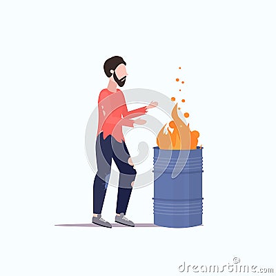 Poor man warming by fire beggar guy standing near burning garbage in barrel homeless jobless concept flat full length Vector Illustration