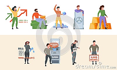 Poor millionaire. Business unhappy people growth money rich abundance financial opportunities problem with cash garish Vector Illustration