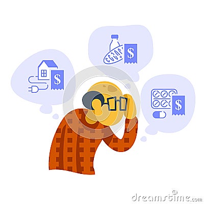 Poor old man thinking about expenses, home budget considering, scratching head, financial issues Vector Illustration