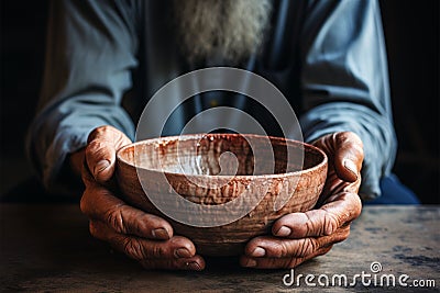 Poor old mans hands with empty bowl, symbolizing hunger and poverty Stock Photo