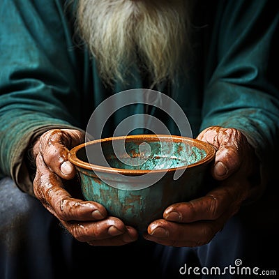 Poor old mans hands with empty bowl, symbolizing hunger and poverty Stock Photo