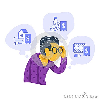 Poor old woman thinking about expenses, home budget considering, scratching head, financial issues Vector Illustration