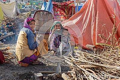 Poor people come with family to the city from the village for work. And they living in the street in tent home. Ajmer. Rajasthan. Editorial Stock Photo