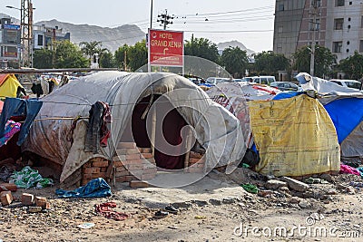 Poor people come with family to the city from the village for work. And they living in the street in tent home. Ajmer. Rajasthan. Editorial Stock Photo