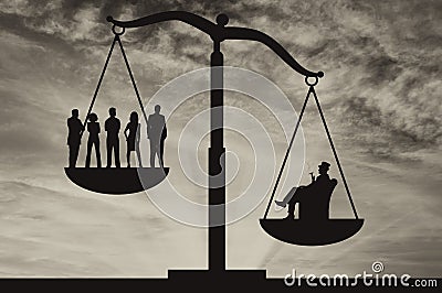 Poor people and wealthy businessman on scales Stock Photo