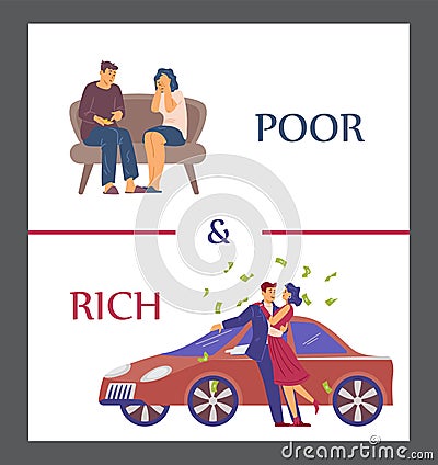 Poor and rich people social dividends and gap banner, flat vector illustration. Vector Illustration
