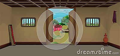 Village room inside vector, poor mud house room interior cartoon background illustrations. Vector Illustration