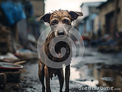 Poor sad hungry dirty homeless dog with sad face standing the street under the rain. Heartbreaking image of a hopeless homeless Stock Photo