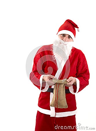 Poor Santa Claus with empty bag in studio Stock Photo
