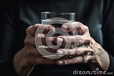 Poor senior woman with glass of water on dark background, closeup Stock Photo