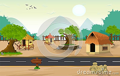 Lovely nature landscape village evening illustration, with stylish flat design, road, trees, banner and sand field Vector Illustration