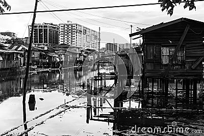 Poor Village Poverty Stricken Stilts Above Sea Ocean Low Tide Slum In Disrepair Stock Photo