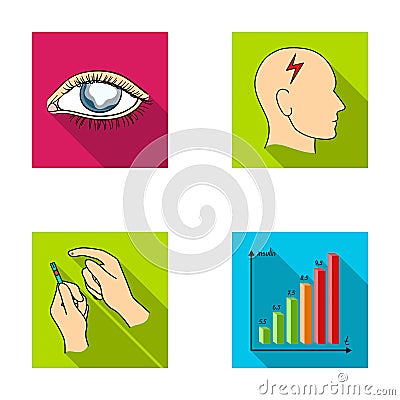 Poor vision, headache, glucose test, insulin dependence. Diabetic set collection icons in flat style vector symbol stock Vector Illustration