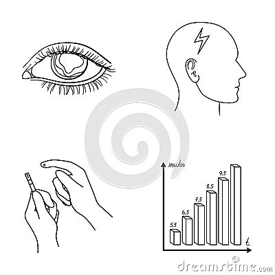 Poor vision, headache, glucose test, insulin dependence. Diabetic set collection icons in outline style vector symbol Vector Illustration