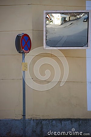 Poor vision junction with traffic mirrors Stock Photo