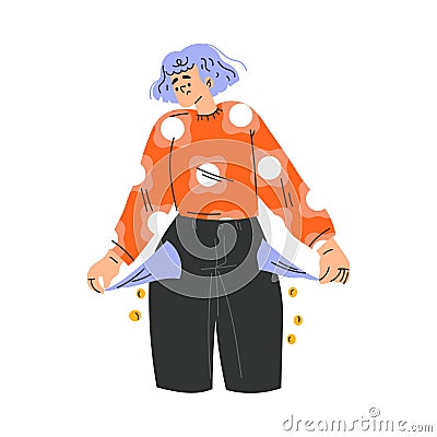 Poor Woman Character with Empty Pockets Standing Having No Money Vector Illustration Stock Photo