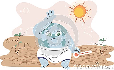 Poorly globe sitting under hot sun with thermometer. Cartoon earth planet global warming concept Vector Illustration