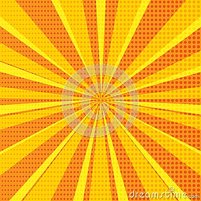 Pop art abstract background with orange sunbeams and halftone dots. Vector illustration Cartoon Illustration