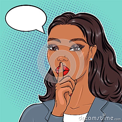 Pop art african american business woman in suit holding finger on lips for stop talking, keeping top secret, vector illustration Vector Illustration
