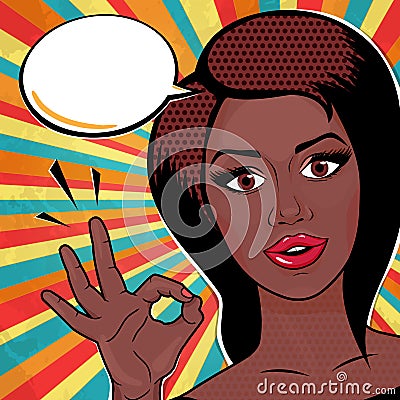 Pop art African American Woman shoing ok sign and smiling, comic style vector illustration. Retro Afro Woman face Cartoon Illustration