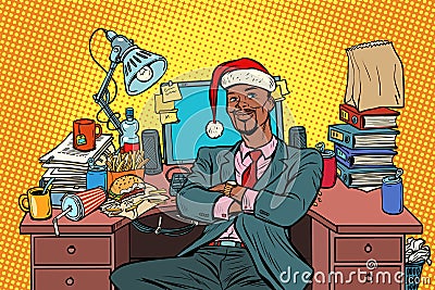 Pop art African businessman, Christmas workplace Vector Illustration