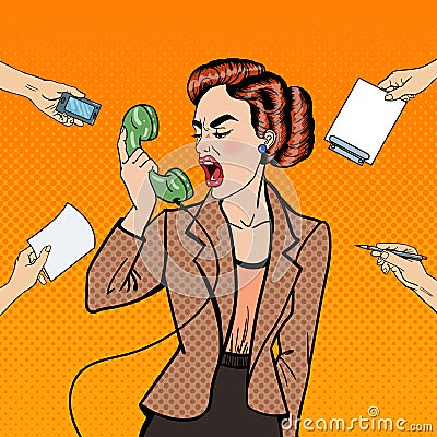 Pop Art Aggressive Business Woman Screaming into the Phone at Multi Tasking Office Work Vector Illustration