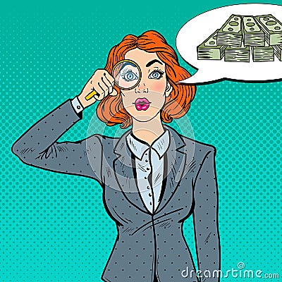 Pop Art Amazed Business Woman with Magnifier Found Money Vector Illustration