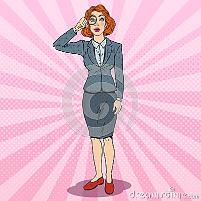Pop Art Amazed Business Woman with Magnifier Vector Illustration