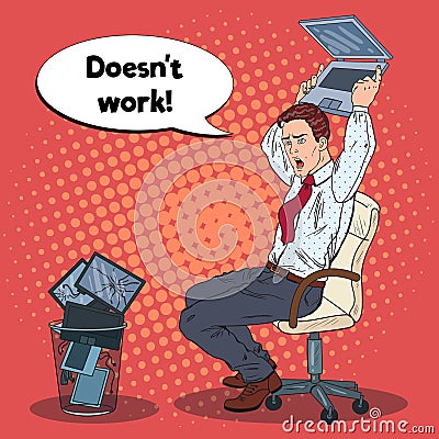 Pop Art Angry Businessman Crashes Laptop. Stress at Office Work Vector Illustration