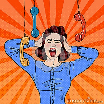 Pop Art Angry Frustrated Woman Screaming at Office Work Vector Illustration