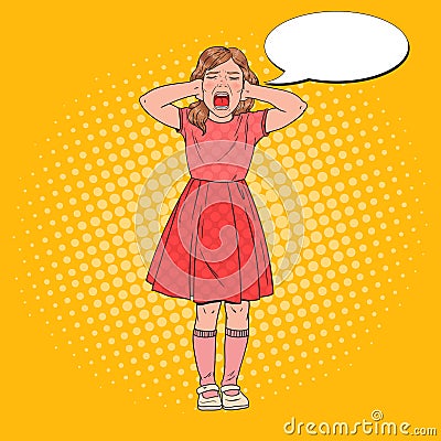 Pop Art Angry Little Girl Screaming. Aggressive Child. Kid Emotional Facial Expression Vector Illustration