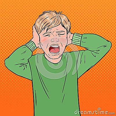 Pop Art Angry Screaming Boy Tearing his Hair. Aggressive Kid. Emotional Child Facial Expression Vector Illustration