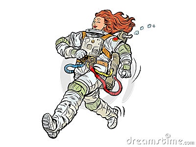 Pop art Astronaut woman winner proudly walks forward. Astronaut space suit Vector Illustration