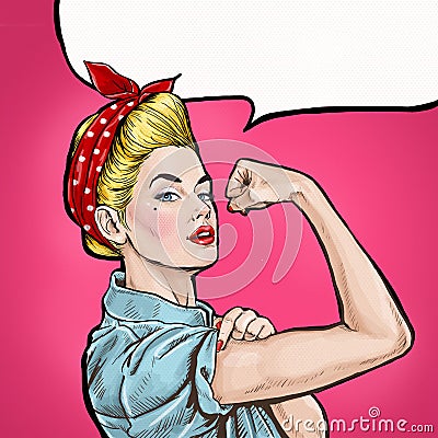Pop art background. We Can Do It. Iconic woman's fist/symbol of female power and industry. Advertising.Pop art girl. Stock Photo
