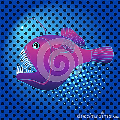 Pop art background deep sea, water fish, Lophius piscatorius. Imitation comic style, retro vector. Evil predator Vector Illustration