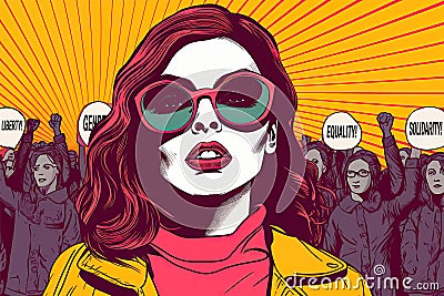 Pop art background with famale Stand up for your rights protest. Female power, protest, feminism. Vector poster in retro Stock Photo