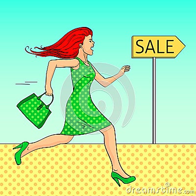 Pop art background. The girl is running for a sale. The tracer is a pointer. Comic style, retro. Vector Vector Illustration