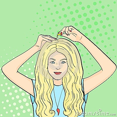 Pop art background. The girl uses capsules to nourish and strengthen the hair, scalp and nails. Vector Vector Illustration