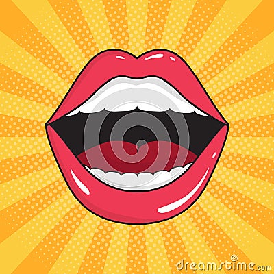 Pop art background with open mouth. Red lips of girl retro style for comic book. Female open mouth with teeth. Seductive romantic Vector Illustration