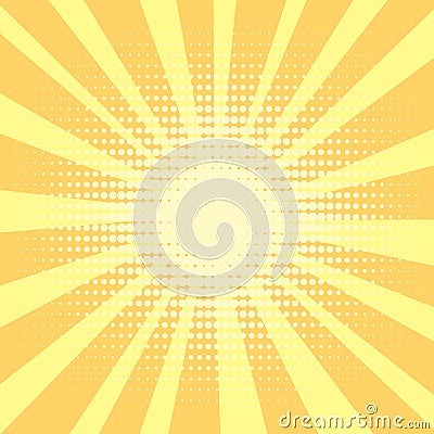 Pop art background, orange. rays of the sun are yellow and circles. Retro style, comic emulation. Procurement for a Vector Illustration