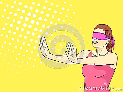 Pop art background is orange. A retro young girl plays hide and seek, her eyes are tied, arms outstretched. The Vector Illustration