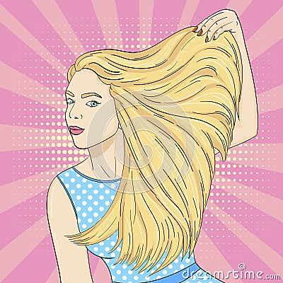 Pop art background, pink sun rays. A young girl advertises shampoo, long hair. Vector Vector Illustration