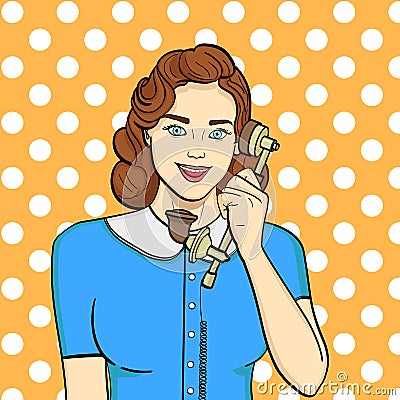 Pop art background. Retro girl, brunette talking on old phone. Comic style, raster Cartoon Illustration