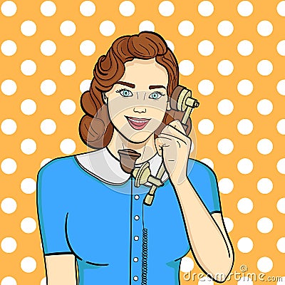 Pop art background. Retro girl, brunette talking on old phone. Comic style, vector Vector Illustration