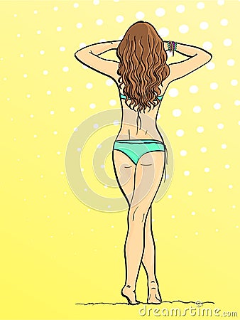 Pop art background, summer color. Beach and sand. The girl back, in a swimsuit on vacation. Imitation comic style Vector Illustration