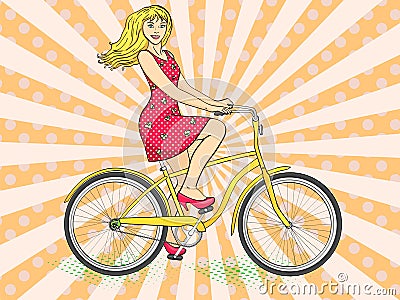 Pop art background with sun rays. Young beauty woman ride bicycle retro raster. Comic book style imitation. Cartoon Illustration