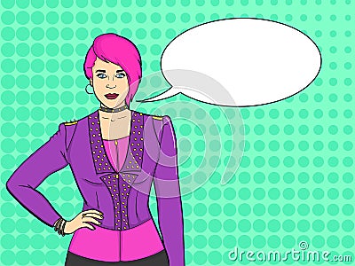 Pop art background. Young girl Punk subculture, rockers. Imitation comic stich. Vector text bubble Vector Illustration