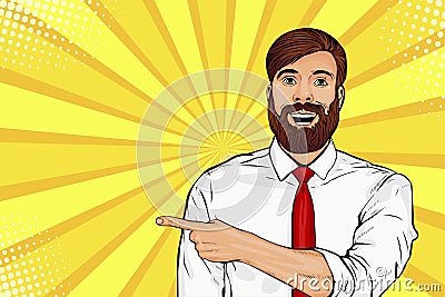 Pop art Bearded hipster man with shocked facial expression. Surprised male showing by finger Vector Illustration