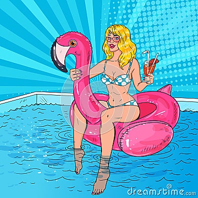 Pop Art Beautiful Blonde Woman Swimming in the Pool at the Pink Flamingo Mattress. Glamorous Girl in Bikini on Vacation Vector Illustration